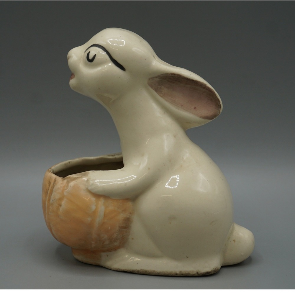 Vintage Ceramic Bunny Rabbit Cabbage Planter Mid Century White
